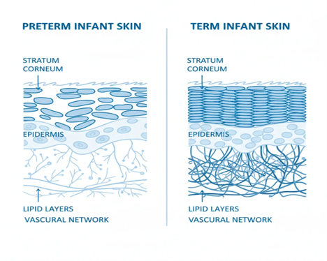 Figure 1. Structural comparison of epidermal layers in term and preterm infant skin; immature lipid matrix and reduced stratum corneum integrity.