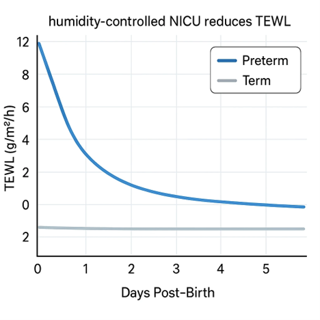 Figure 2. Transepidermal Water Loss (TEWL) trajectory during early postnatal days; NICU humidity (50 70 % RH) moderates barrier loss.