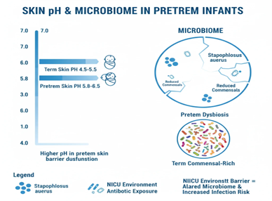 Figure 3. Skin pH and microbiome imbalance in preterm infants; alkaline barrier and reduced commensal diversity under NICU exposure.