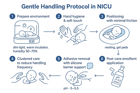 Figure 4. Gentle Handling Protocol in NICU: clustered care, minimal friction positioning, silicone barrier support, and post care emollient application