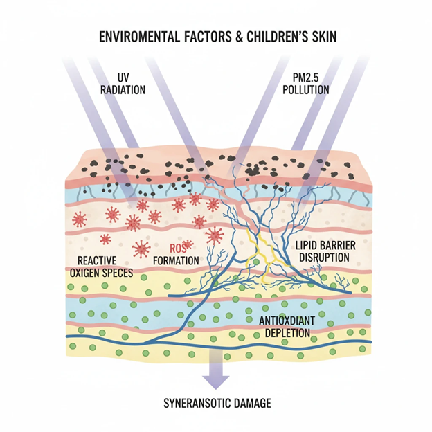 شماتیک تعامل هم‌افزای آلودگی هوا (PM2.5) و اشعه فرابنفش (UV) در پوست کودکان